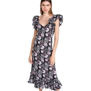 Mille - XXS - Klara Midi Dress Tropical Night Ruffle Sleeve Pleated Hem